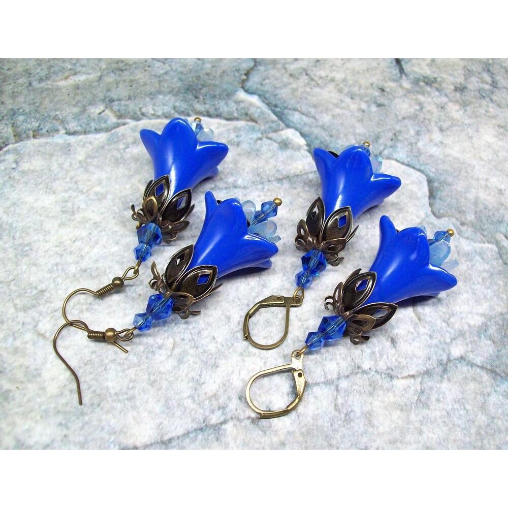 Boho Floral Earrings, Blue, Vintage Style, Antique Bronze, Artisan Crafted Flora